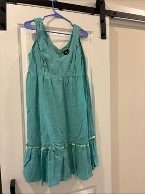 💯 Linen Large Sleeveless V-Neck Midi Dress Turquoise Blue Green NWOT Massimo